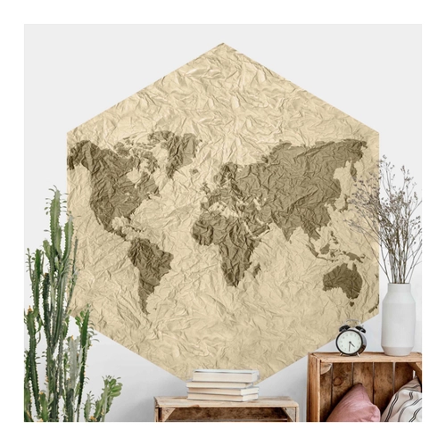 Bild von Hexagon Fototapete selbstklebend Papier Weltkarte Beige Braun – Stilvoller Wandschmuck für Ihr Zuhause