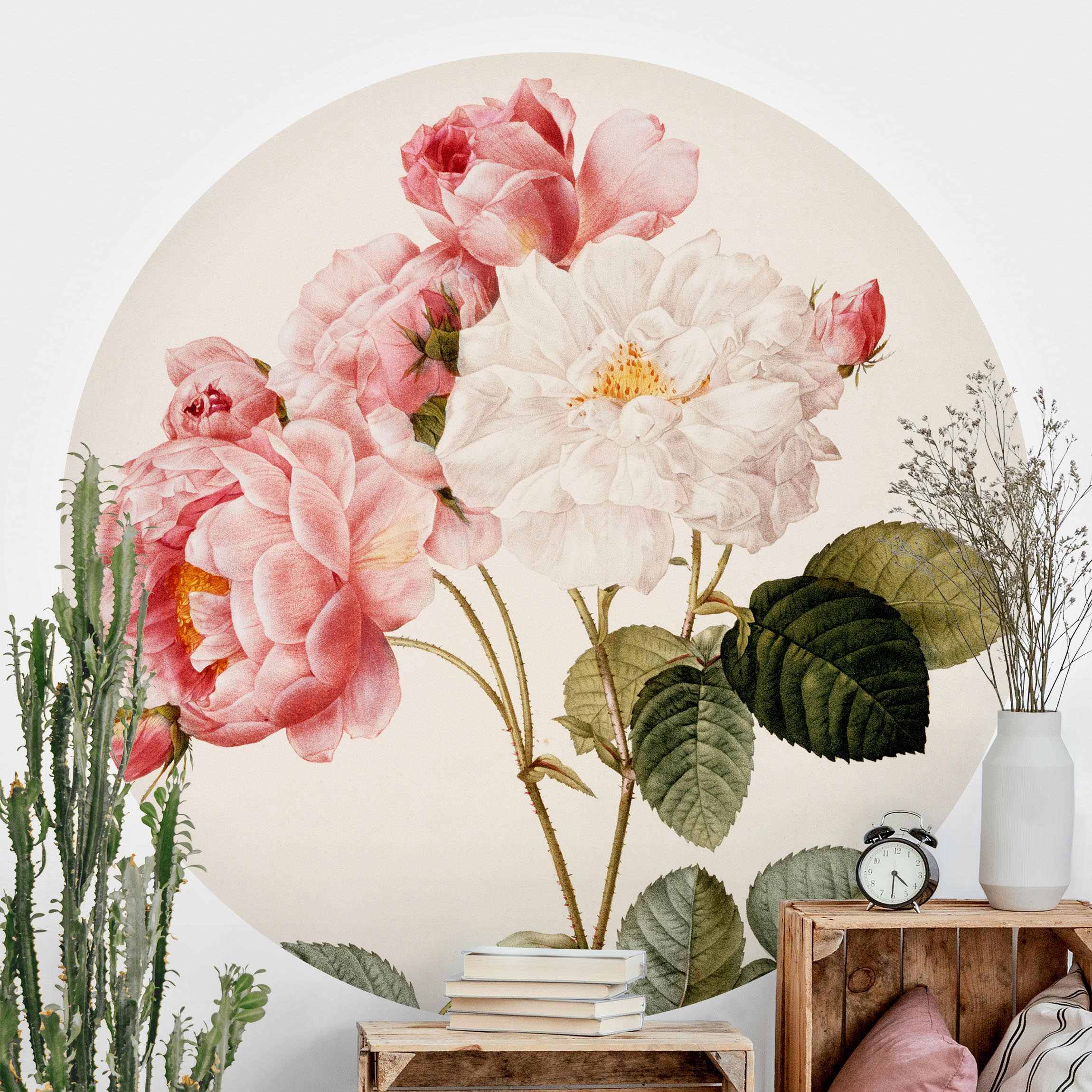 Bild von Runde Fototapete selbstklebend Pierre Joseph Redouté - Damaszener-Rose