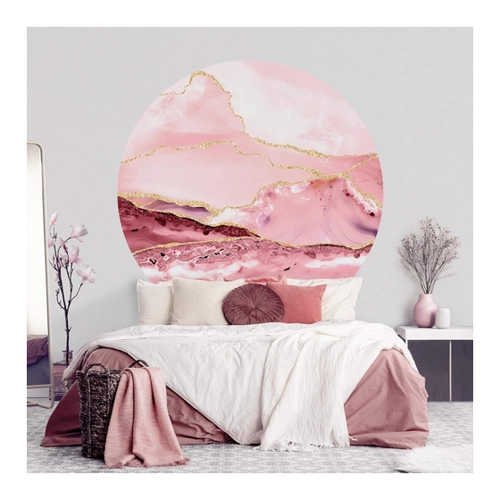Bild von Runde Tapete selbstklebend Abstrakte Berge Rosa mit Goldenen Linien