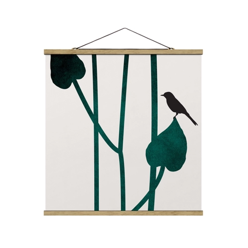Bild von Stoffbild mit Posterleisten - Grafische Pflanzenwelt - Vogel auf Blatt 35cm x 35cm Eiche