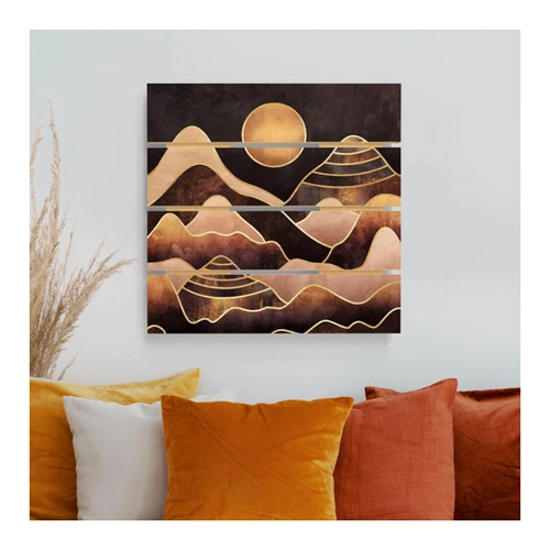 Bild von Holzbild Plankenoptik Goldene Sonne abstrakte Berge