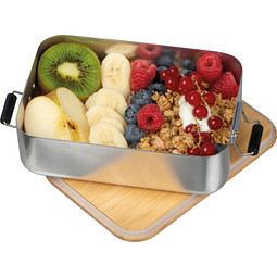 Bild von Brotzeitbox aus Aluminium mit Bambusdeckel , grau