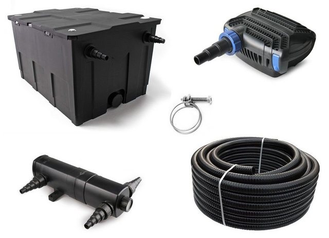 Bild von AquaOne Kammerfilter Set mit Teichpumpe und Wasserklärer I Filteranlage CBF-550 für einen Teich bis 60.000 Liter I Komplettset mit UVC Klärer 24W Eco Pumpe 20 Watt Teichschlauch Nr.74