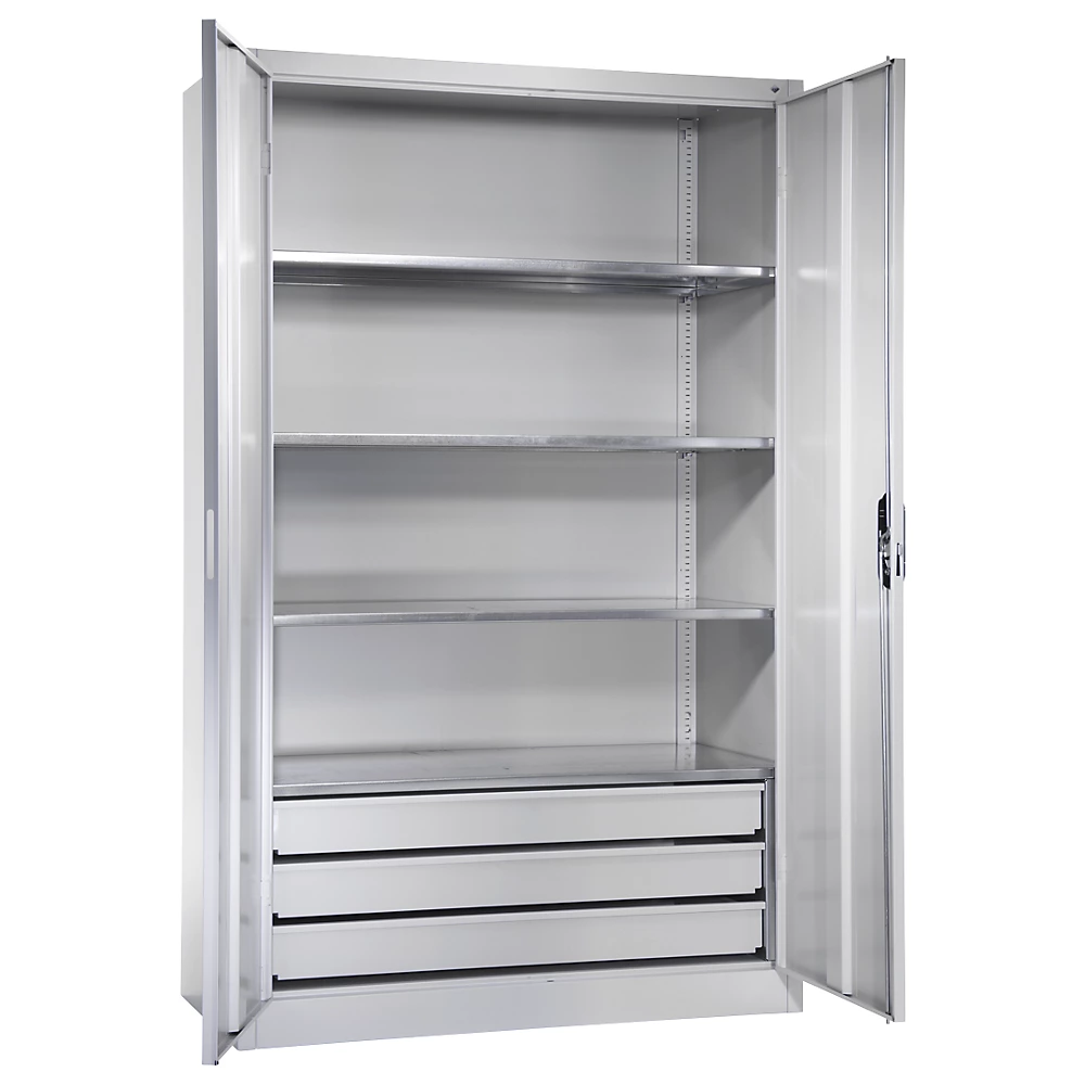 Bild von C+P Werkzeugschrank mit Drehtüren, 4 Böden und 3 Schübe, H1950xB1200xT500mm Front Lichtgrau Korpus Lichtgrau