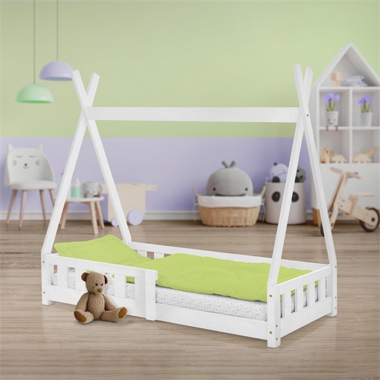 Bild von ML-DESIGN Kinderbett Hausbett Tipi Zeltbett inkl. Lattenrost Bodenbett Kinder Himmelbett, Abenteuerbett mit Rausfallschutz Zelt Spielbett Kiefer Weiß Kinderhaus