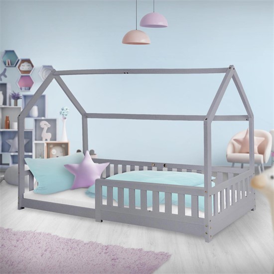Bild von ML-Design Kinderbett 90x200 cm mit Rausfallschutz, Dach und Lattenrost, Hellgrau, Massivholz Kinder Bett, Hausbett für Mädchen/Jungen, Bettenhaus massives Kiefernholz, Stabiles Jugendbett Kinderhaus