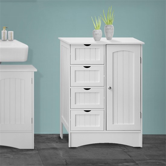 Bild von ML-DESIGN Hochschrank Badezimmerschrank aus MDF-Holz viel Stauraum Badschrank Badmöbel (1-St) Badschrank freistehend 1 Tür 4 Schubladen Kommode Aufbewahrungsschrank