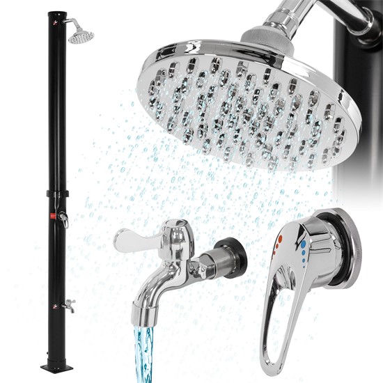 Bild von ML-Design Solardusche 20 L 210 cm rund mit Fußdusche und Regenduschkopf, Schwarz, warmes Wasser, bis 60°C ohne Stromanschluss, mit Gartenschlauch-Anschluss, Solar Gartendusche Außendusche Pooldusche