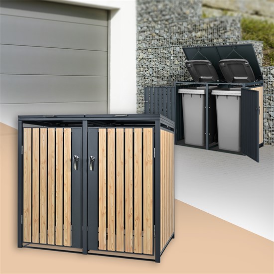 Bild von ML-DESIGN Mülltonnenbox Müllbox aus Stahl wetterfest mit Klappdeckel/Tür Mülltonnecontainer, Mülltonnenbox für 2 Tonne 240L 132x80x116,3cm Anthrazit-Lärchenoptik