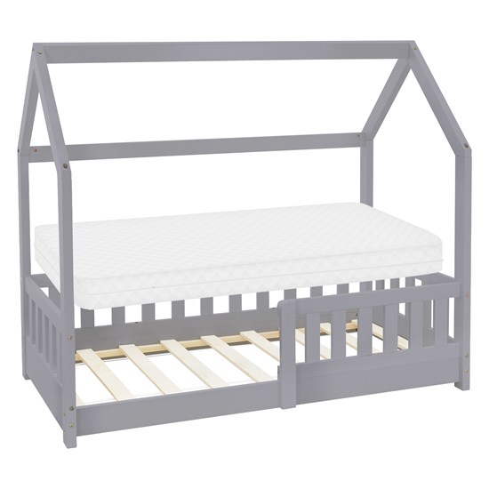 Bild von ML-DESIGN Kinderbett Hausbett Spielbett inkl. Lattenrost kreativ Bodenbett für Kinder, Abenteuerbett mit Rausfallschutz Spielbett Kiefer Hellgrau Himmelbett