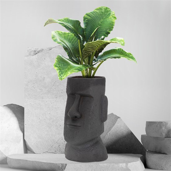 Bild von ML-Design Pflanztopf Osterinsel Figur 26x23x43 cm Anthrazit, Harz Moai-Kopf Skulptur, Innen- und Außenstatue, massiv, Pflanzgefäß Blumentopf Übertopf Gesicht Pflanzer Gartendeko Vase Urne für Pflanzen