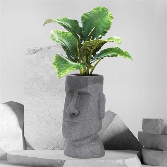 Bild von ML-Design Pflanztopf Osterinsel Figur 26x23x43 cm Grau, Harz Moai-Kopf Skulptur, Innen- und Außenstatue, massiv, Pflanzgefäß Blumentopf Übertopf Gesicht Pflanzer Gartendeko Vase Urne für Pflanzen