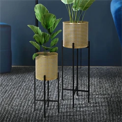 Bild von ML-Design Blumenständer 2er Set Schwarz-Gold 17x17x55/19x19x75,5 cm, aus Stahl, Blumentopfständer mit Übertopf, Metall Pflanzenständer, Blumentopfhalter 2-tlg, Pflanztopf Deko Blumensäule Blumenhocker