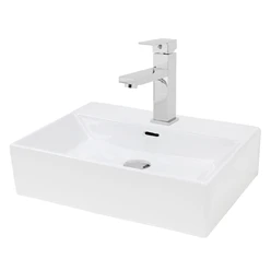 Bild von Waschbecken mit Wasserhahn eckig 51,5x36x13 cm Weiß aus Keramik inkl. Ablaufgarnitur Silber mit Überlauf LuxeBath