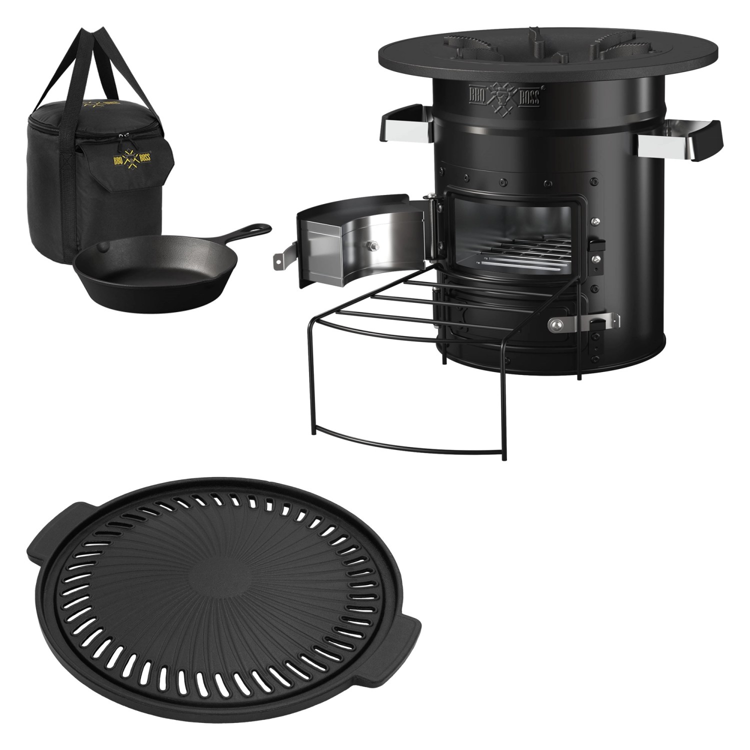 Bild von Raketenofen schwarz aus Stahl inkl. Gusseisen Grillplatte und Tragetasche  BBQ#BOSS