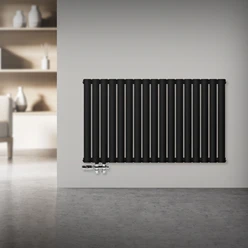 Bild von Badheizkörper Doppellagig Horizontal 600x1020 mm Schwarz inkl. Anschlussgarnitur mit Thermostat Durchgangsform LuxeBath
