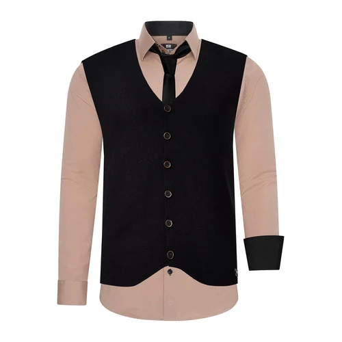 Bild von Rusty Neal Herren Hemd Weste Krawatte 3er Set Hochzeit Party Oberteil Outfit Kontrasthemd & Schwarz Weste & Krawatte Einfarbig S M L XL XXL 3XL 4XL 5XL 6XL Set 44_412_99, Größe:XL, Farbe:Beige