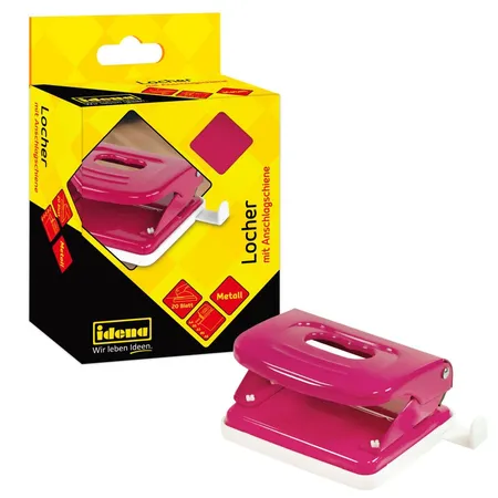 Bild von Idena Lochstanzer, aus Metall, Pink, Anschlagschiene mit Formatanzeige, bis 20 Blatt