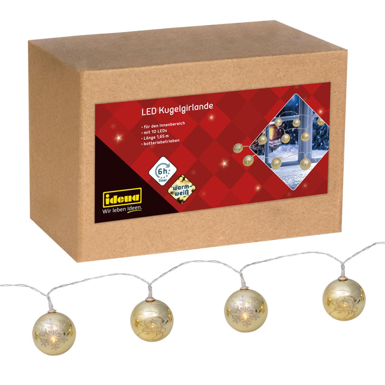 Bild von Idena 31267 - LED Girlande mit 10 LED in goldenen Weihnachtskugeln, warmweiß, batteriebetrieben, mit 6 Stunden Timer Funktion, Lichter-Kette als Dekoration zur Adventszeit und zu Weihnachten