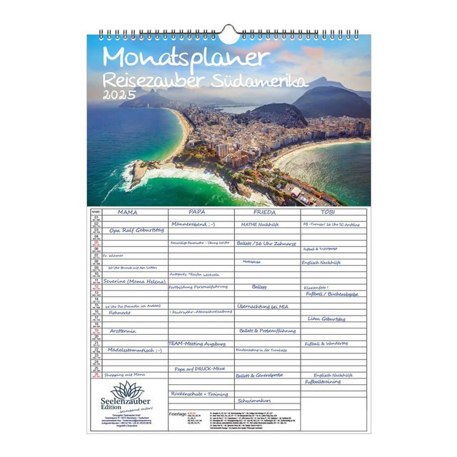 Bild von Reisezauber Südamerika Planer Wandplaner Familienplaner 4 Spaltenplaner DIN A3 Kalender für 2025 Strand Brasilien Peru Argentinien Urlaub - Seelenzauber