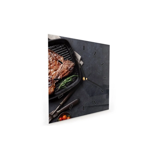 Bild von Primedeco Wanduhr Glasuhr Wanduhr Wandkunst 30 x 30 cm - T-Bone Steak in Pfanne