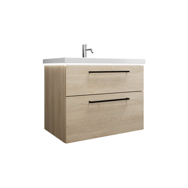 Bild von Burgbad Eqio Keramik-Waschtisch inklusive Waschtischunterschrank und LED-Waschtischunterschrankbeleuchtung, Breite 830 mm, SEZA083, Farbe (Front/Korpus): Eiche Dekor Cashmere / Eiche Dekor Cashmere, Stangengriff schwarz matt G0234