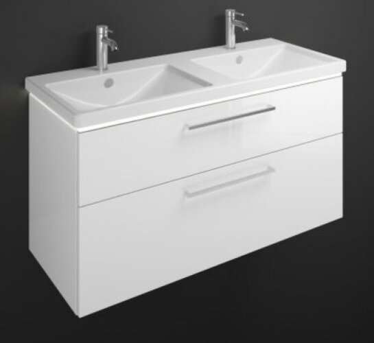 Bild von Burgbad Eqio Keramik-Doppelwaschtisch inklusive Waschtischunterschrank und LED-Waschtischunterschrankbeleuchtun, Breite 1230 mm, SEZC123, Farbe (Front/Korpus): Frassino Dekor Cappuccino / Frassino Dekor Cappuccino, Stangengriff schwarz matt G0234