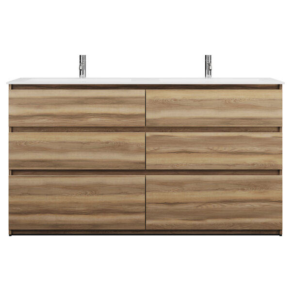 Bild von Burgbad Lin20 Mineralguss-Doppelwaschtisch Farbe Weiß Glänzend inklusive Waschtischunterschrank 6 Auszüg parallel, 1620x485x902mm, SGIC162, Farbe (Front/Korpus): Frassino Dekor Cappuccino