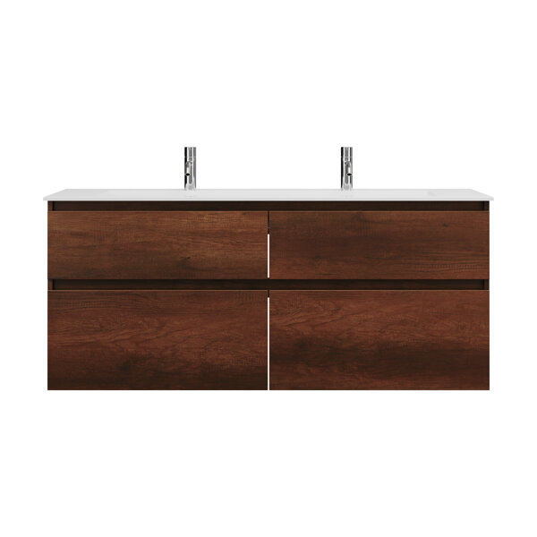 Bild von Burgbad Lin20 Mineralguss-Waschtisch Farbe Weiß Matt mit 2 Armaturbohrungen inklusive Waschtischunterschrank 4 Auszüge parallel, 1420x495x612mm, SGIW142, Farbe (Front/Korpus): Eiche Dekor Rost