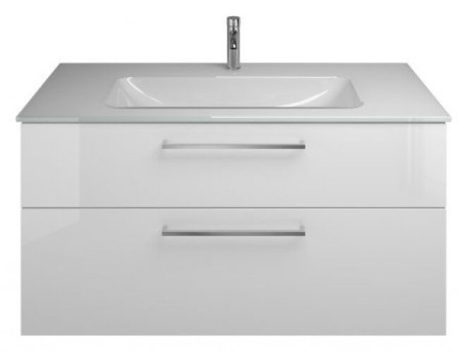 Bild von Burgbad Eqio Glas-Waschtisch inklusive Waschtischunterschrank, Breite 1220 mm, SEYX122, Farbe (Front/Korpus): Grau Hochglanz / Grau Glänzend, Griffleiste Schwarz Matt G0252