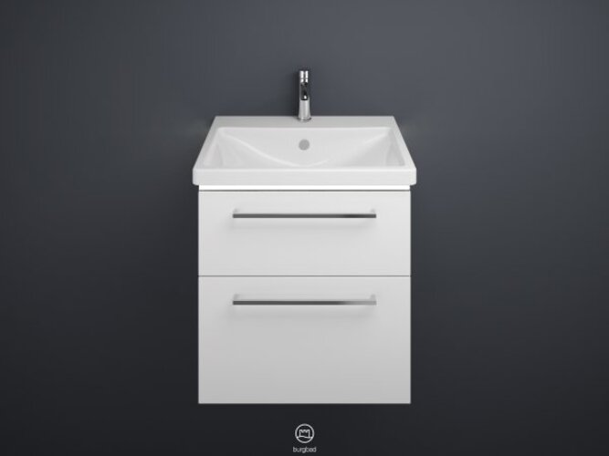 Bild von Burgbad Eqio Keramik-Waschtisch inklusive Waschtischunterschrank und LED-Waschtischunterschrankbeleuchtung, Breite 630 mm, SEZA063, Farbe (Front/Korpus): Eiche Dekor Silber / Eiche Dekor Silber, Griffleiste Chrom G0251