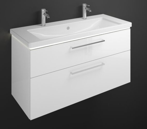 Bild von Burgbad Eqio Keramik-Doppelwaschtisch inklusive Waschtischunterschrank und LED-Waschtischunterschrankbeleuchtun, Breite 1230 mm, SEZB123, Farbe (Front/Korpus): Eiche Dekor Cashmere / Eiche Dekor Cashmere, Griffleiste Chrom G0251