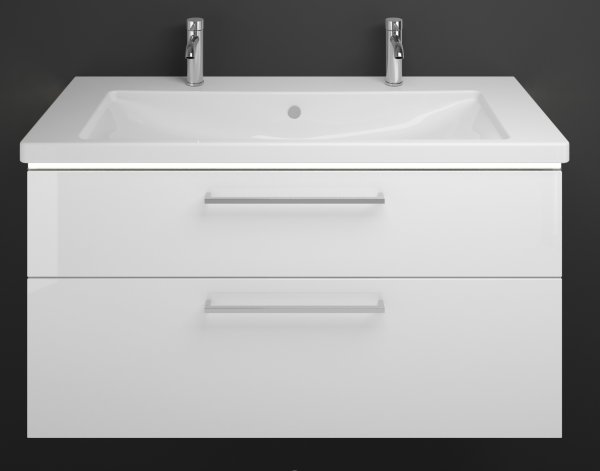 Bild von Burgbad Eqio Keramik-Doppelwaschtisch inklusive Waschtischunterschrank und LED-Waschtischunterschrankbeleuchtun, Breite 1230 mm, SEZB123, Farbe (Front/Korpus): Eiche Dekor Cashmere / Eiche Dekor Cashmere, Griffleiste Schwarz Matt G0252
