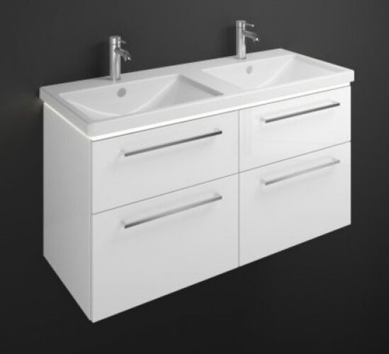 Bild von Burgbad Eqio Keramik-Doppelwaschtisch inklusive Waschtischunterschrank und LED-Waschtischunterschrankbeleuchtun, Breite 1230 mm, SEZD123, Farbe (Front/Korpus): Frassino Dekor Cappuccino / Frassino Dekor Cappuccin, Griffleiste Schwarz Matt G0252