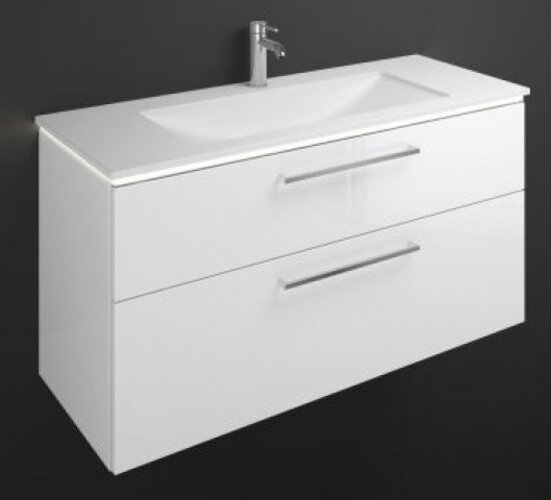 Bild von Burgbad Eqio Mineralguss-Waschtisch inklusive Waschtischunterschrank und LED-Waschtischunterschrankbeleuchtung SEZE122, Breite 1220 mm, Farbe (Front/Korpus): Weiß Hochglanz / Weiß Glänzend, Griffleiste Chrom G0251
