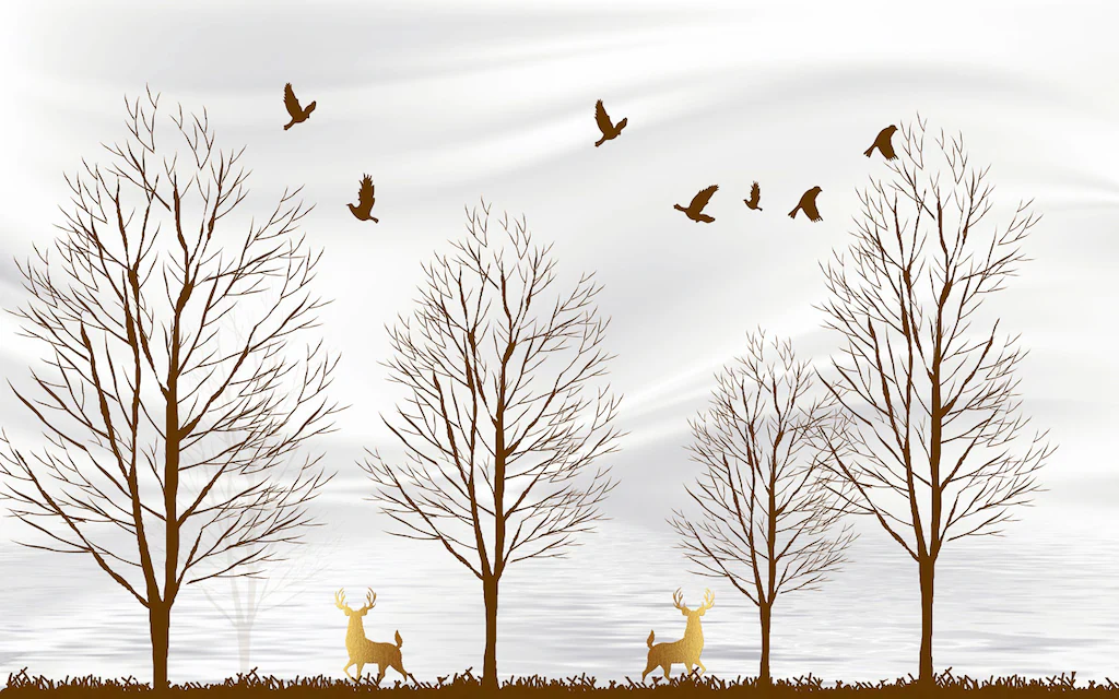 Bild von Papermoon Fototapete "Bäume mit Hirschen und Vögeln"
