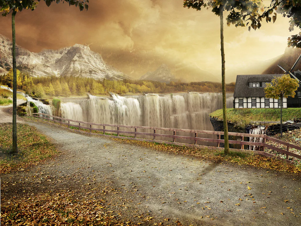 Bild von Papermoon Fototapete "Haus an Wasserfällen"