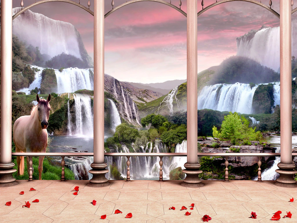 Bild von Papermoon Fototapete "Fantasiewelt mit Wasserfällen"