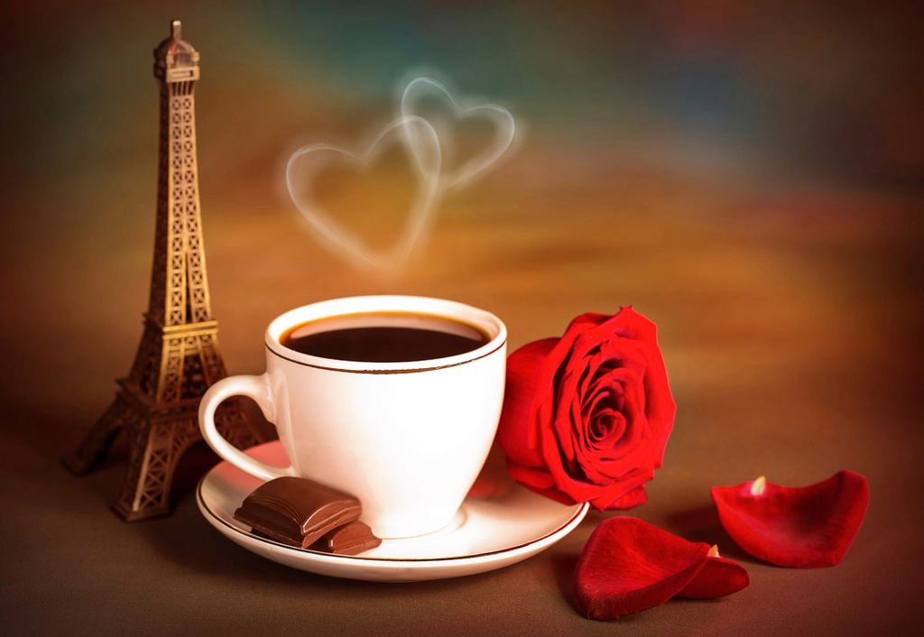 Bild von Papermoon Fototapete "Tee mit Rosen und Eiffelturm"