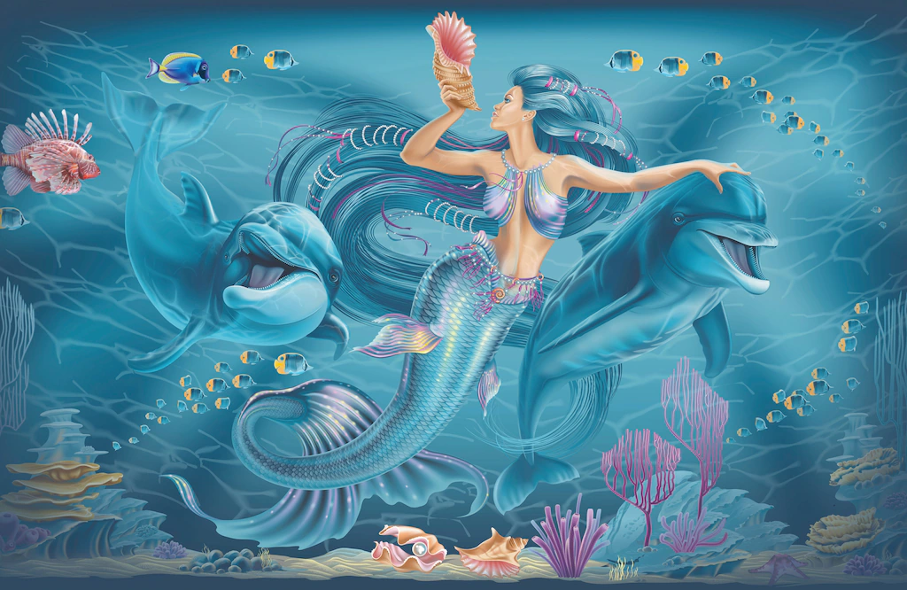 Bild von Papermoon Fototapete "MEERJUNGFRAU-ABSTRAKT DESIGN DELFINE FISCHE OZEAN SEE"