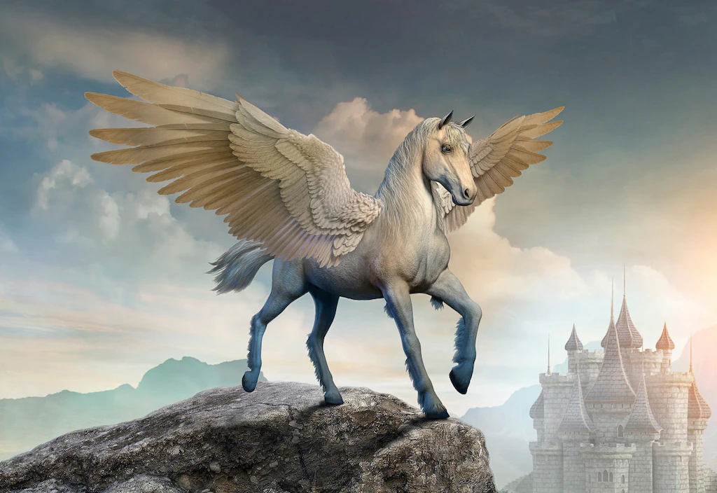 Bild von Papermoon Fototapete "PEGASUS-PFERDE TIERE PFERD SCHLOSS PALAST FANTASY DEKO"