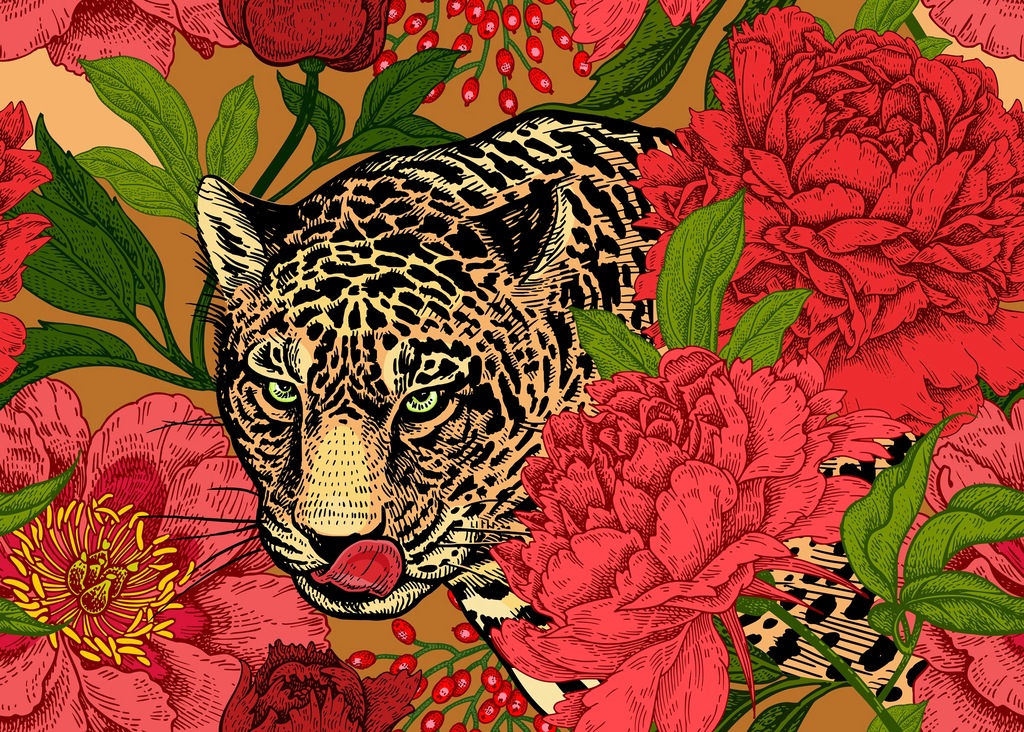 Bild von Papermoon Fototapete "ABSTRAKT DESIGN-LEOPARD mit Blumen"