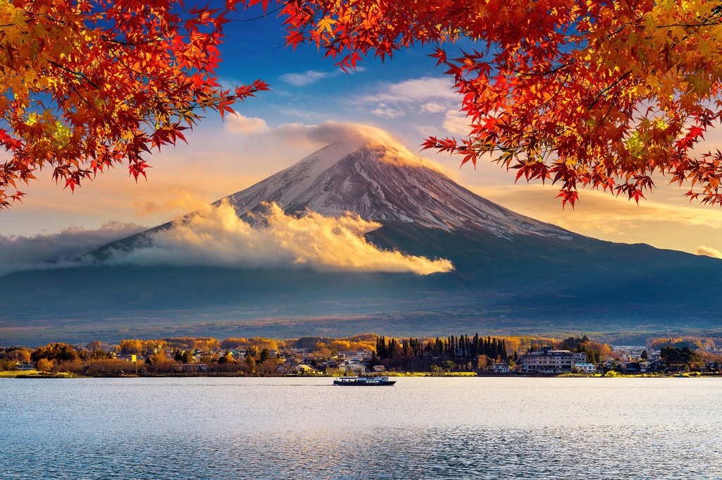 Bild von Papermoon Fototapete "FUJI BERG-JAPAN GEBIRGE WALD SEE WOLKEN SONNE VULKAN"
