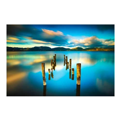 Bild von Papermoon Fototapete "HOLZ-BRÜCKE-ALT STEG MEER GEBIRGE SEE STRAND SONNE RUHE"