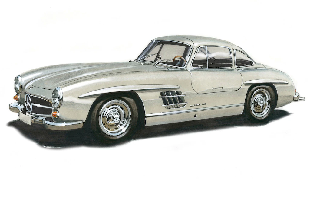 Bild von Papermoon Fototapete "MB300SL GULLWING 1954 -VINTAGE AUTO ILLUSTRATION RETRO"