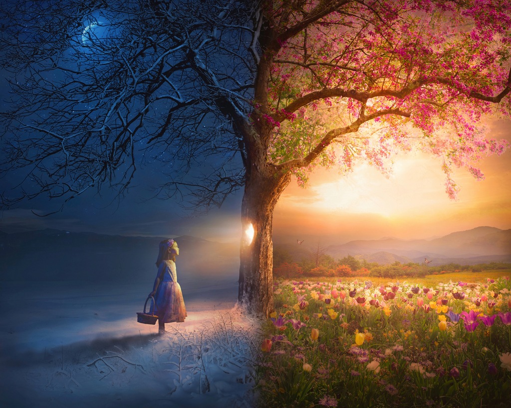 Bild von Papermoon Fototapete "MÄDCHEN U SOMMERWIESE-SURREAL FANTASIE ABSTRAKT DESIGN"