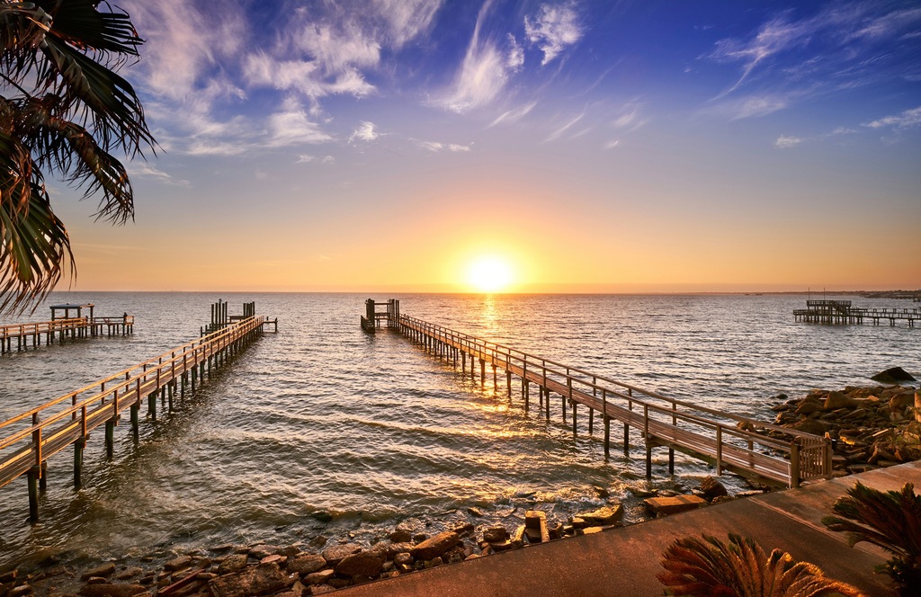 Bild von Papermoon Fototapete "HOLZ-BRÜCKE-TEXAS PIER STEG MEER SEE STRAND SONNE BUCHT"