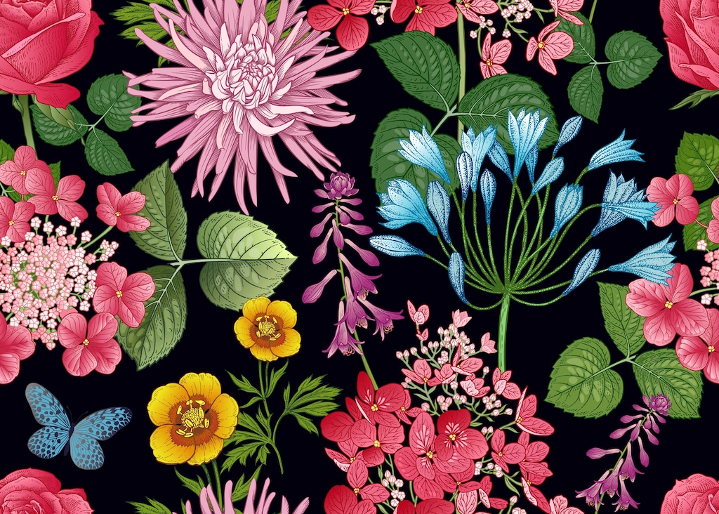 Bild von Papermoon Fototapete "BLUMEN ABSTRAKT-MUSTER DESIGN VOGEL BLUMEN DECOR RETRO"