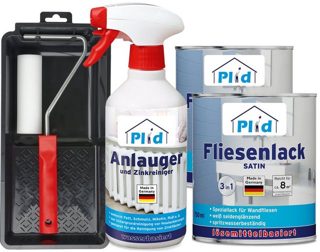 Bild von Plid® Fliesenfarbe Badezimmer & Küche [FEUCHTIGKEITSBESTÄNDIG] Fliesenlack Weiß satin 1,5l fürs Bad - Fliesen neu streichen & lackieren im Innenbereich - 3in1 Fliesen Farbe Lack - Made in Germany Set