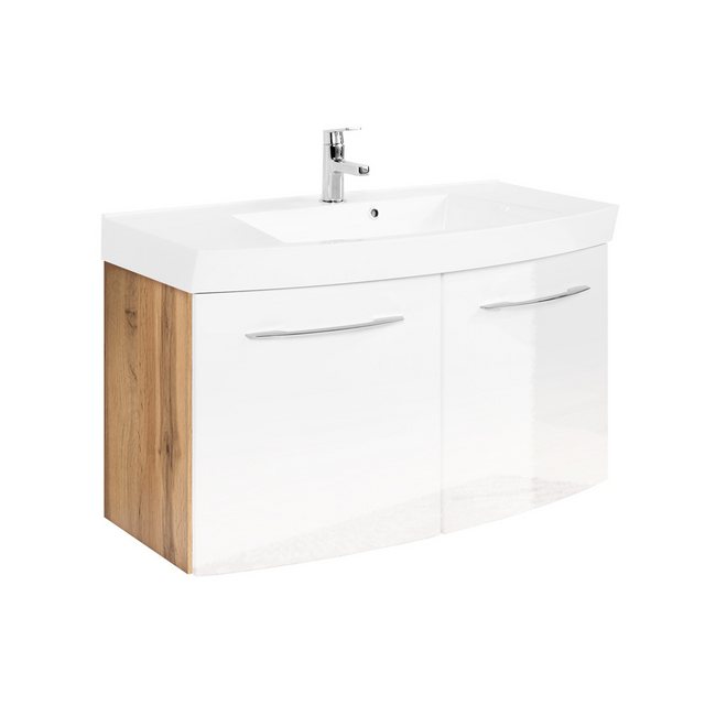 Bild von Badezimmer Waschtisch 100cm 2-türig FLORIDO-03-OAK weiß Hochglanz mit Wotaneiche, B/H/T: ca. 100/54/47cm